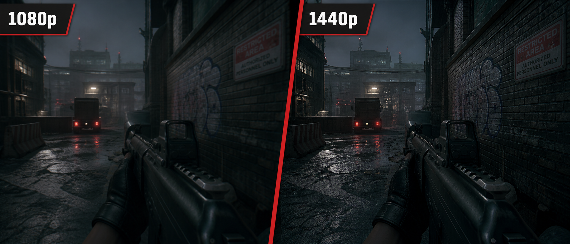 Split-screen comparison of the same game scene at 1080p and 1440p resolution showing the difference in detail and sharpness