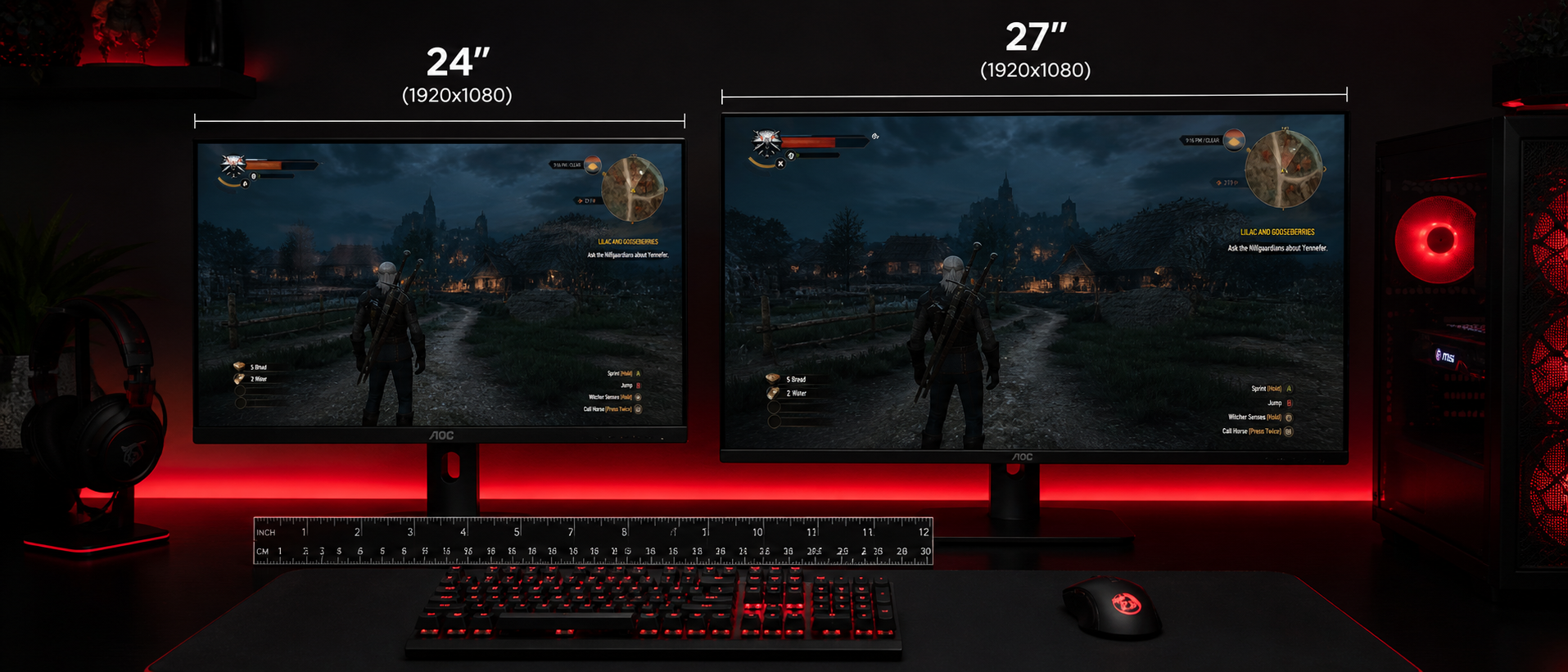 24-inch and 27-inch gaming monitors side by side on a desk showing the physical size difference relative to a gaming setup