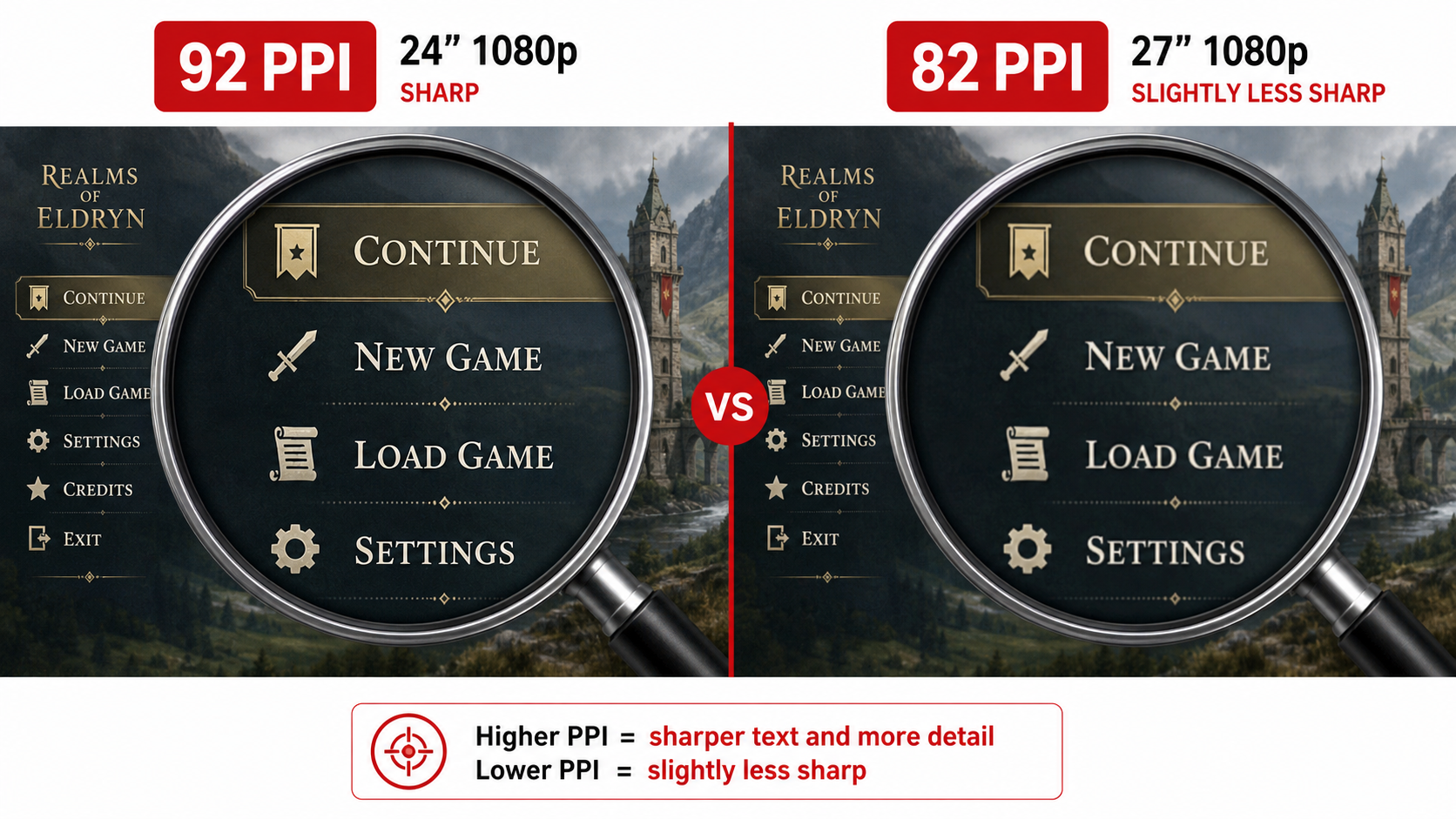 Pixel density comparison showing 1080p on 24-inch (92 PPI) versus 1080p on 27-inch (82 PPI) with visible sharpness difference