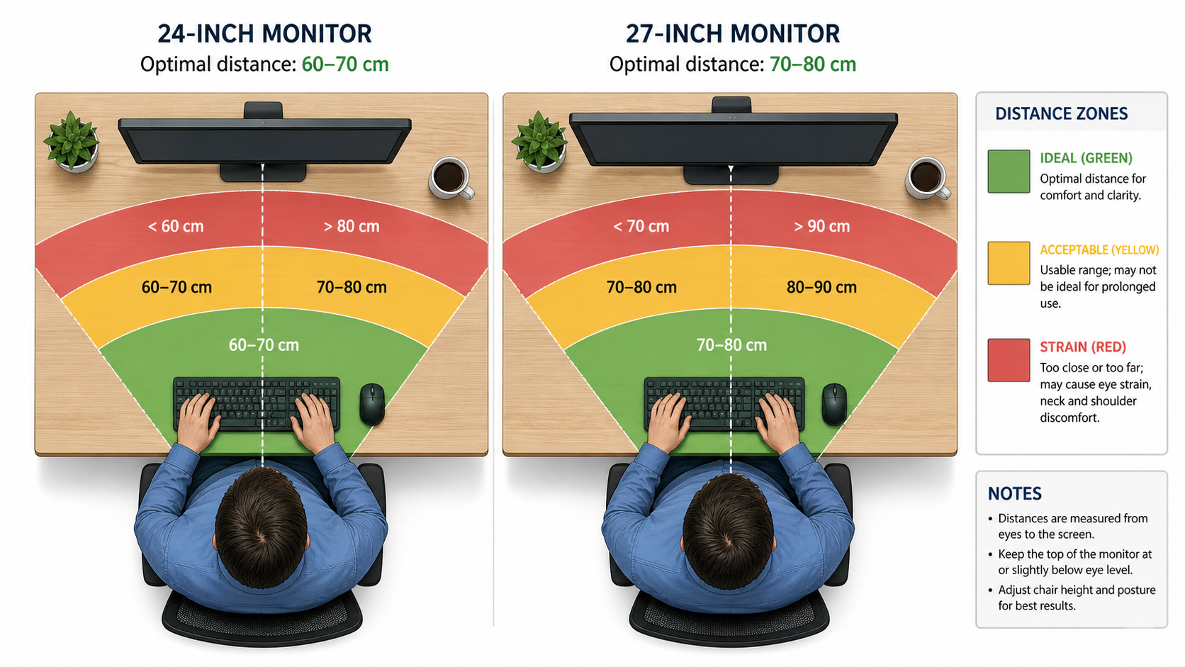 Diagram showing optimal viewing distances for 24-inch and 27-inch monitors with eye strain zones marked
