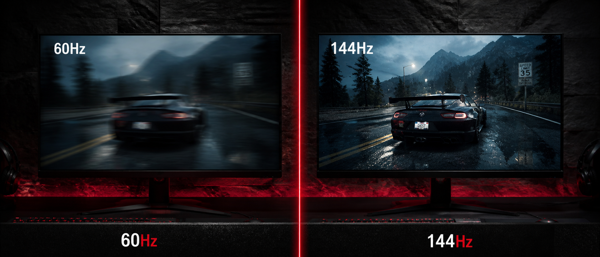 Split-screen comparison showing a 60Hz monitor with visible motion blur on the left and a 144Hz monitor with crisp motion on the right, both displaying a fast-paced FPS game scene