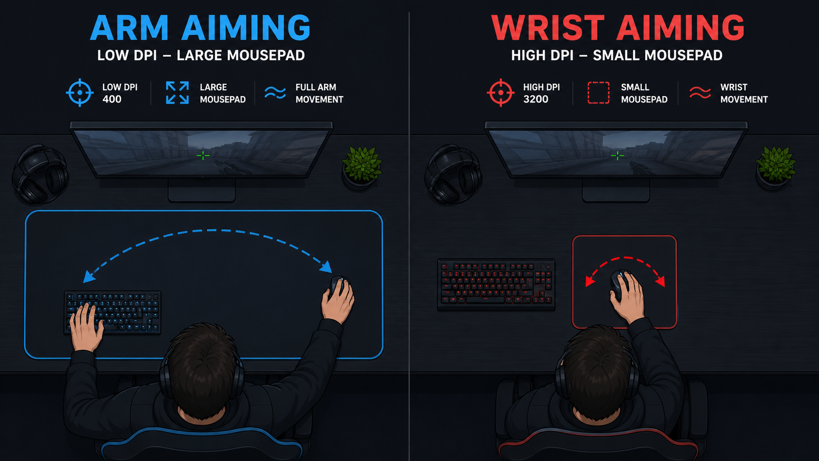 Split illustration showing arm aiming with low DPI using large mousepad and full arm movement on the left, versus wrist aiming with high DPI using small movements on a compact pad on the right