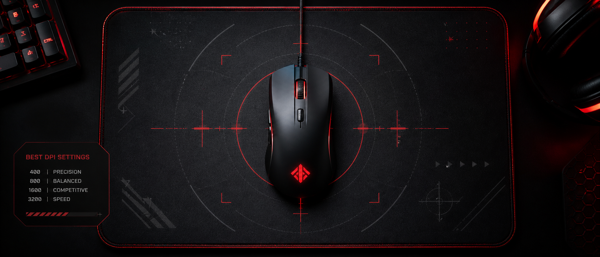Gaming mouse on a large mousepad with game logos subtly overlaid, showing DPI adjustment concept