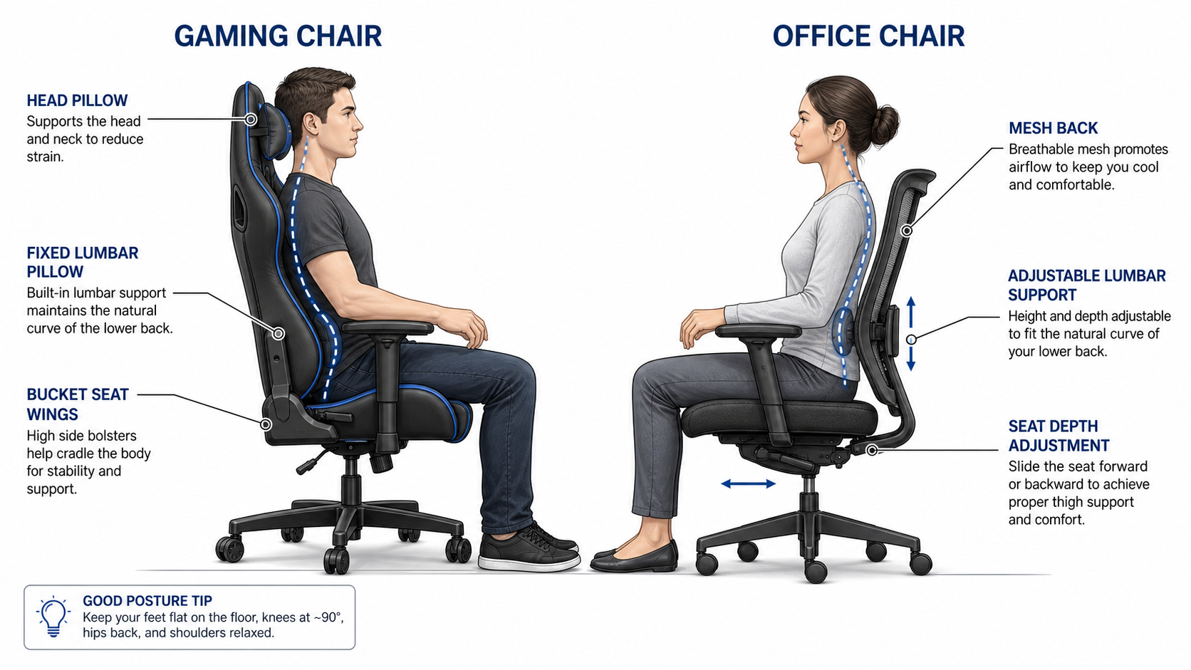 Side-view ergonomic diagram comparing posture support features of gaming chairs versus office chairs