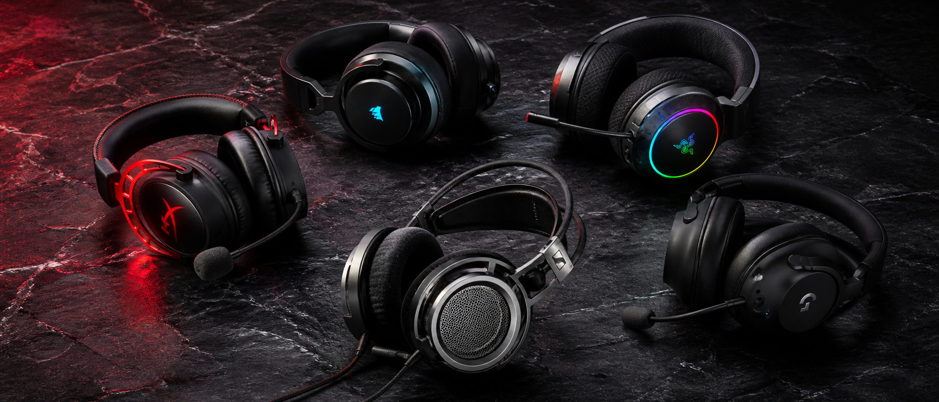 Collection of different gaming headset types arranged on a dark surface — over-ear closed-back, open-back, and wireless models