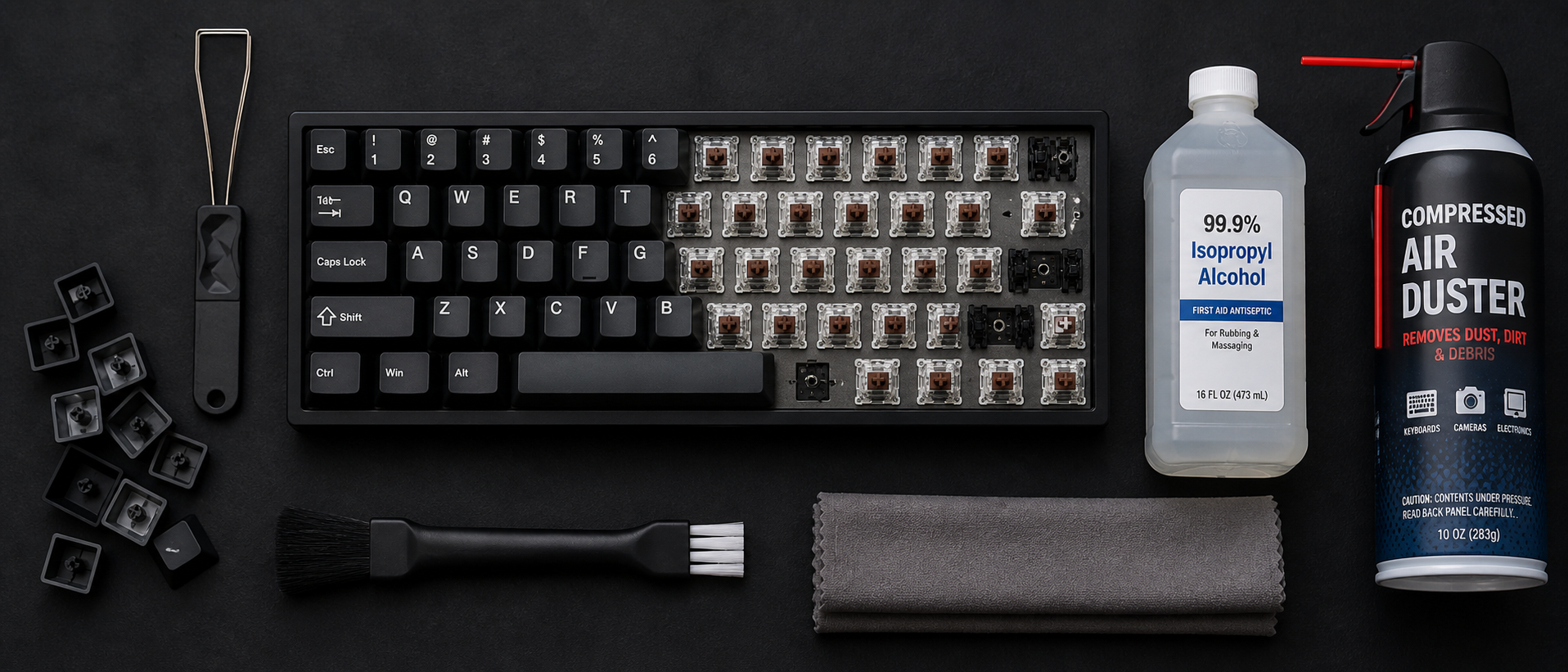 Mechanical keyboard partially disassembled with keycaps removed, cleaning supplies arranged neatly around it