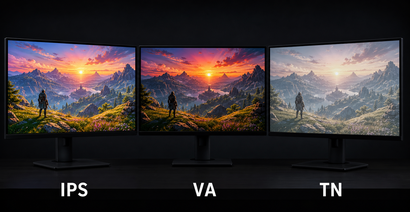 Same vibrant game scene displayed on three monitors — IPS showing accurate vivid colors, VA slightly deeper but accurate, TN looking washed out and desaturated