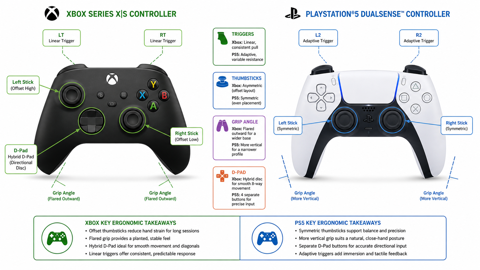 Top-down layout comparison of Xbox and PS5 controller button and stick placement with ergonomic callouts