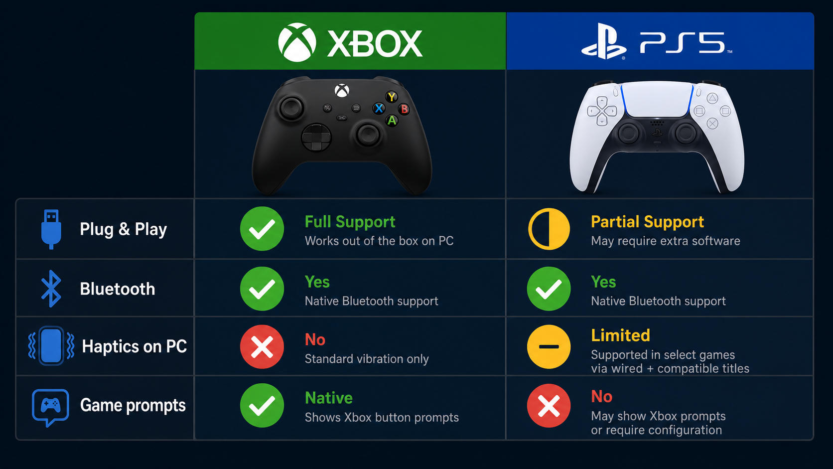 Compatibility chart showing plug-and-play support, Bluetooth pairing, and feature support for Xbox vs PS5 controller on PC