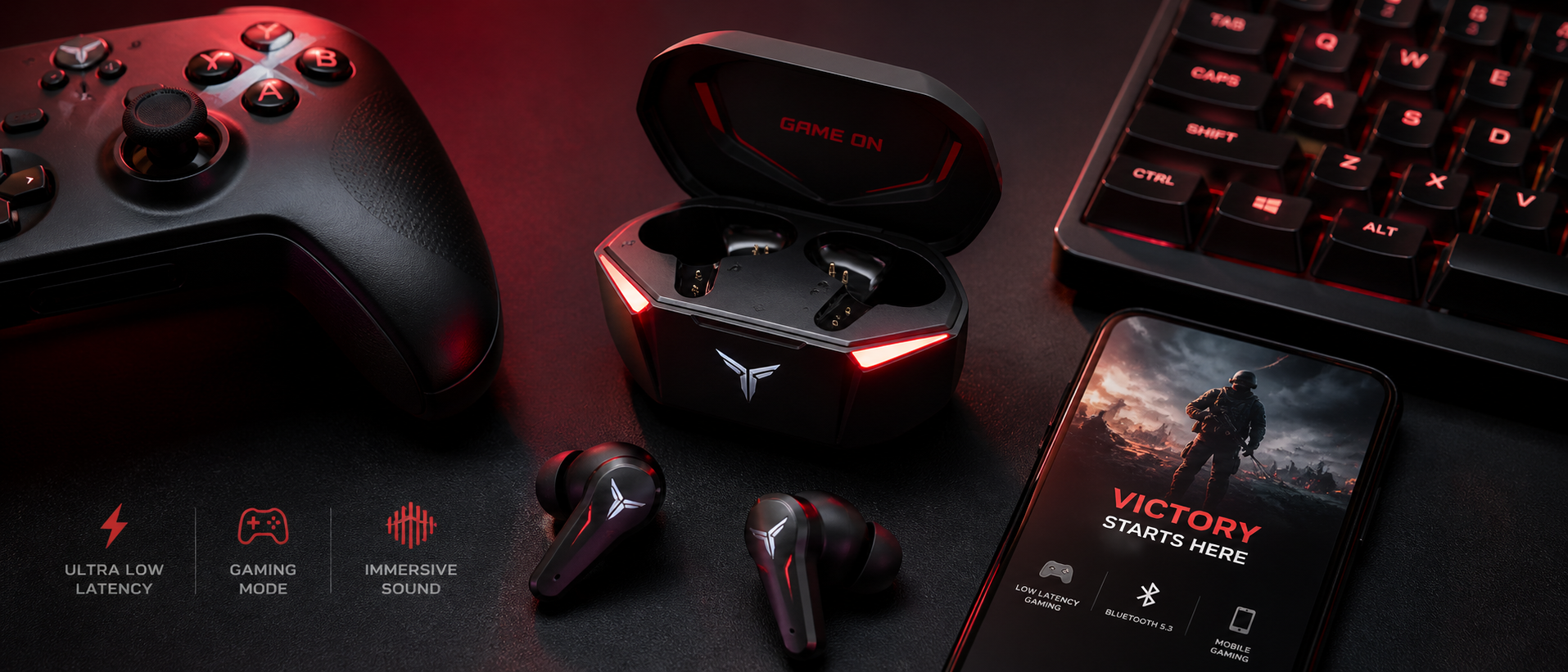 Gaming earbuds with a game controller and smartphone showing mobile and PC gaming context