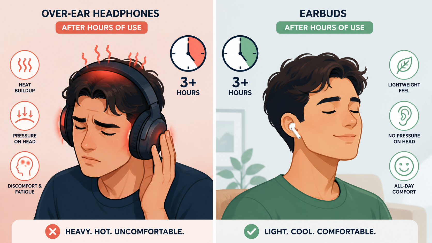 Illustration showing wear duration comfort comparison — headphones causing heat after extended use versus earbuds remaining lightweight