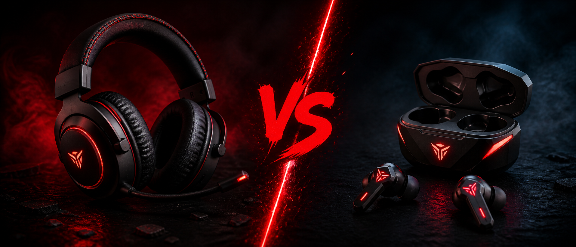 Gaming headphones on the left and gaming earbuds on the right, both on a dark surface with a subtle VS divider between them