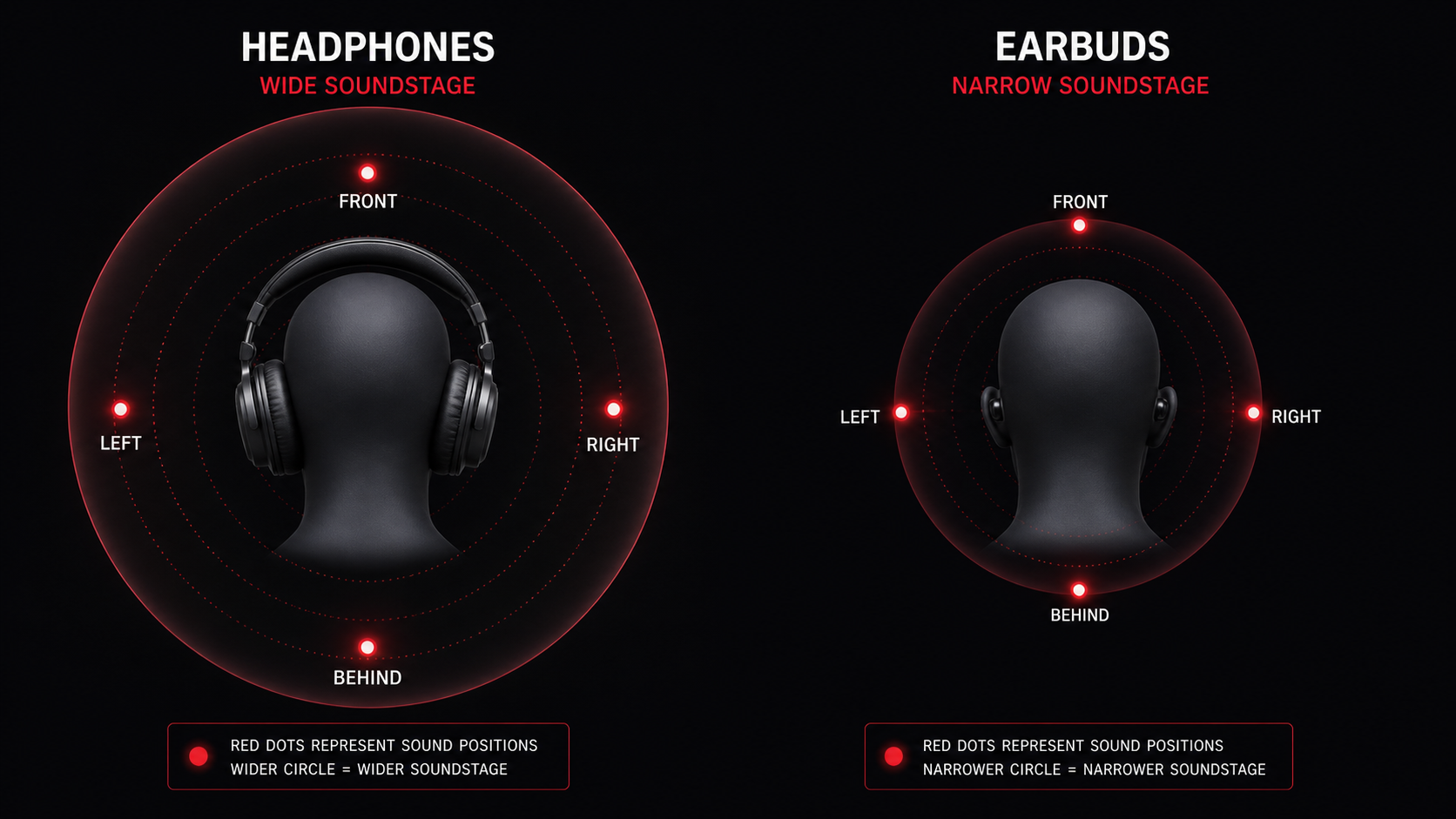 Sound stage comparison visualization showing wider imaging from over-ear headphones versus narrower but more isolated sound from earbuds