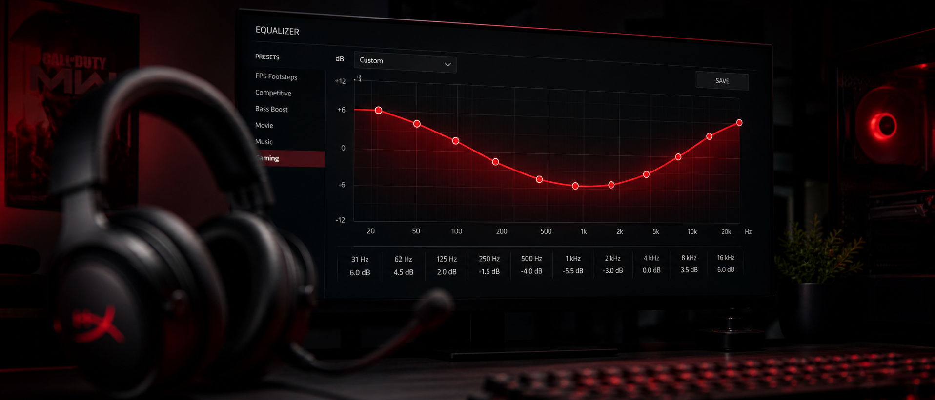 Equalizer interface with frequency bands adjusted for gaming, displayed on a monitor with a gaming headset in the foreground