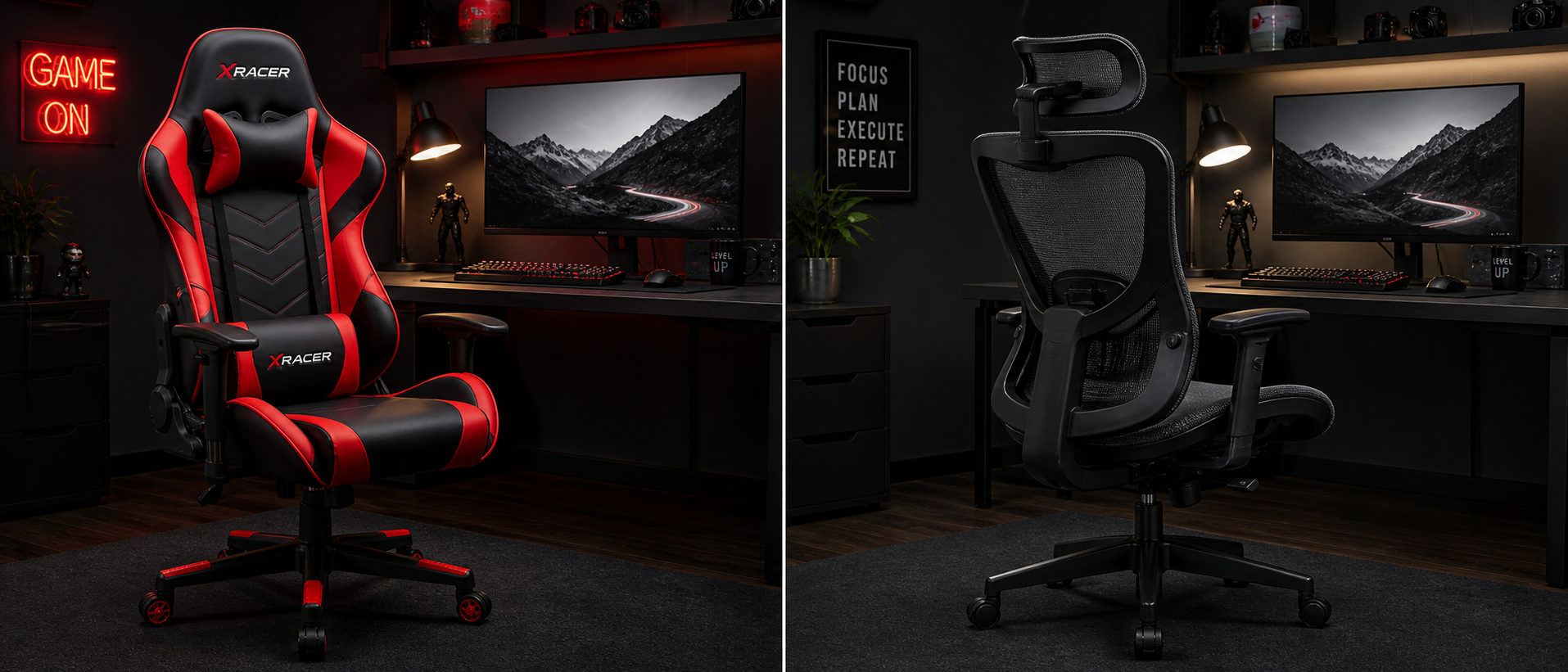 Racing-style gaming chair on the left and ergonomic mesh office chair on the right, both in a home setup environment