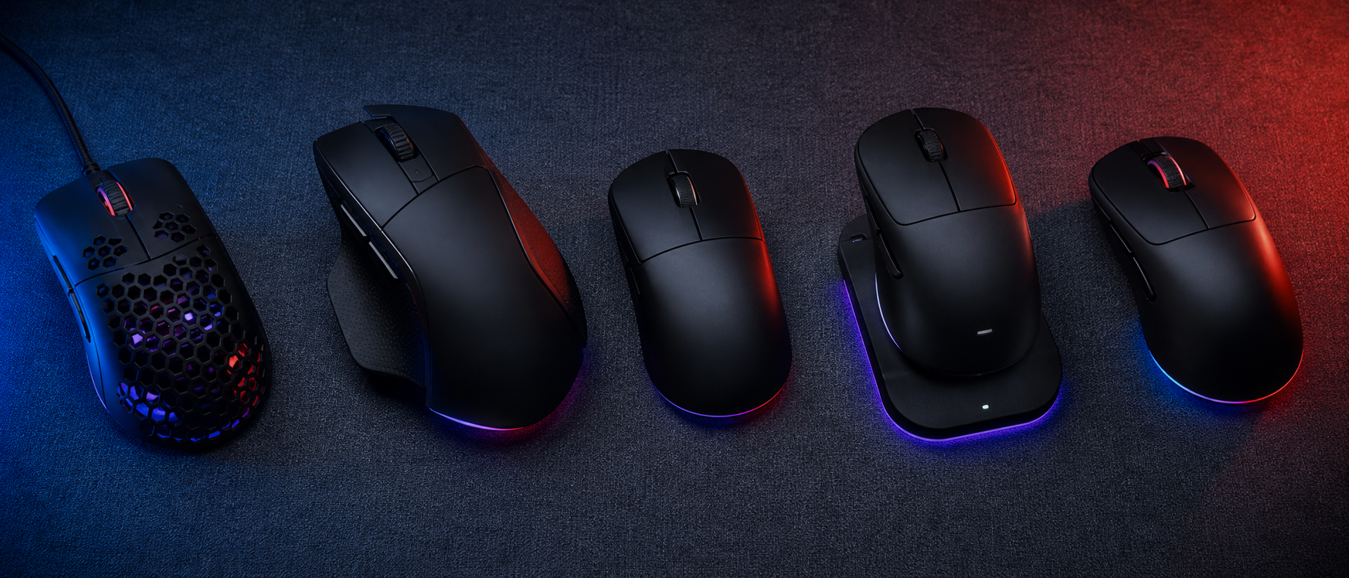 Top-down view of multiple gaming mice — lightweight honeycomb, ergonomic, and ambidextrous — arranged on a dark desk mat with RGB lighting accents