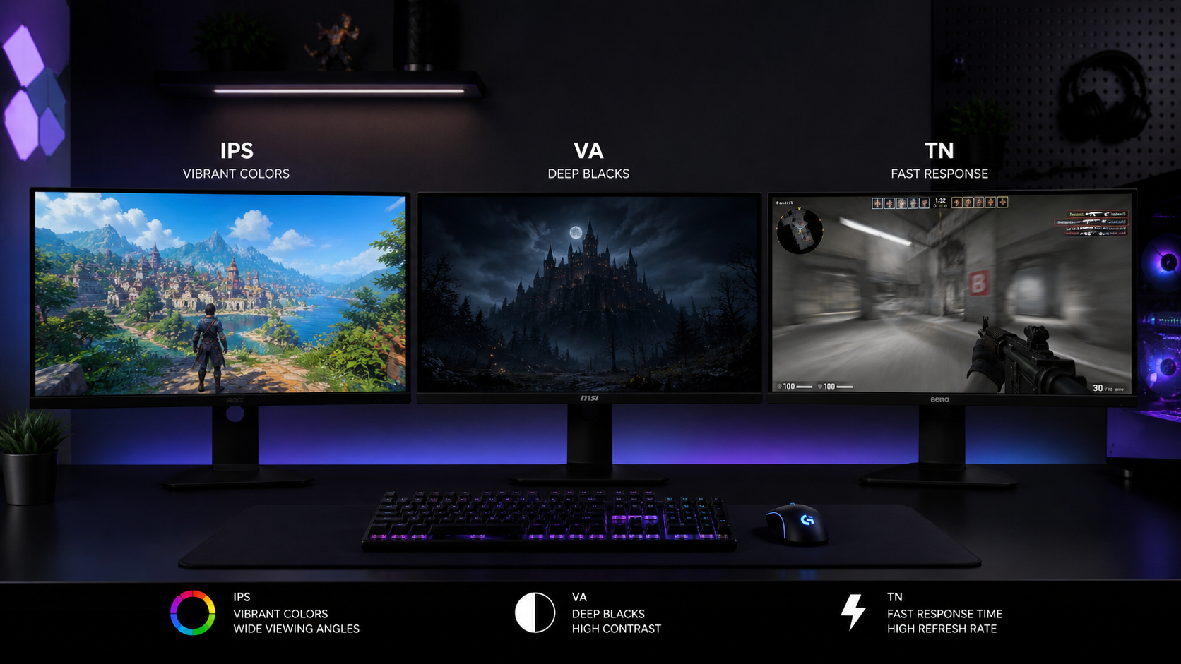 Three gaming monitors side by side on a dark desk — an IPS panel with vivid colors, a VA panel with deep blacks, and a TN panel showing a competitive FPS game
