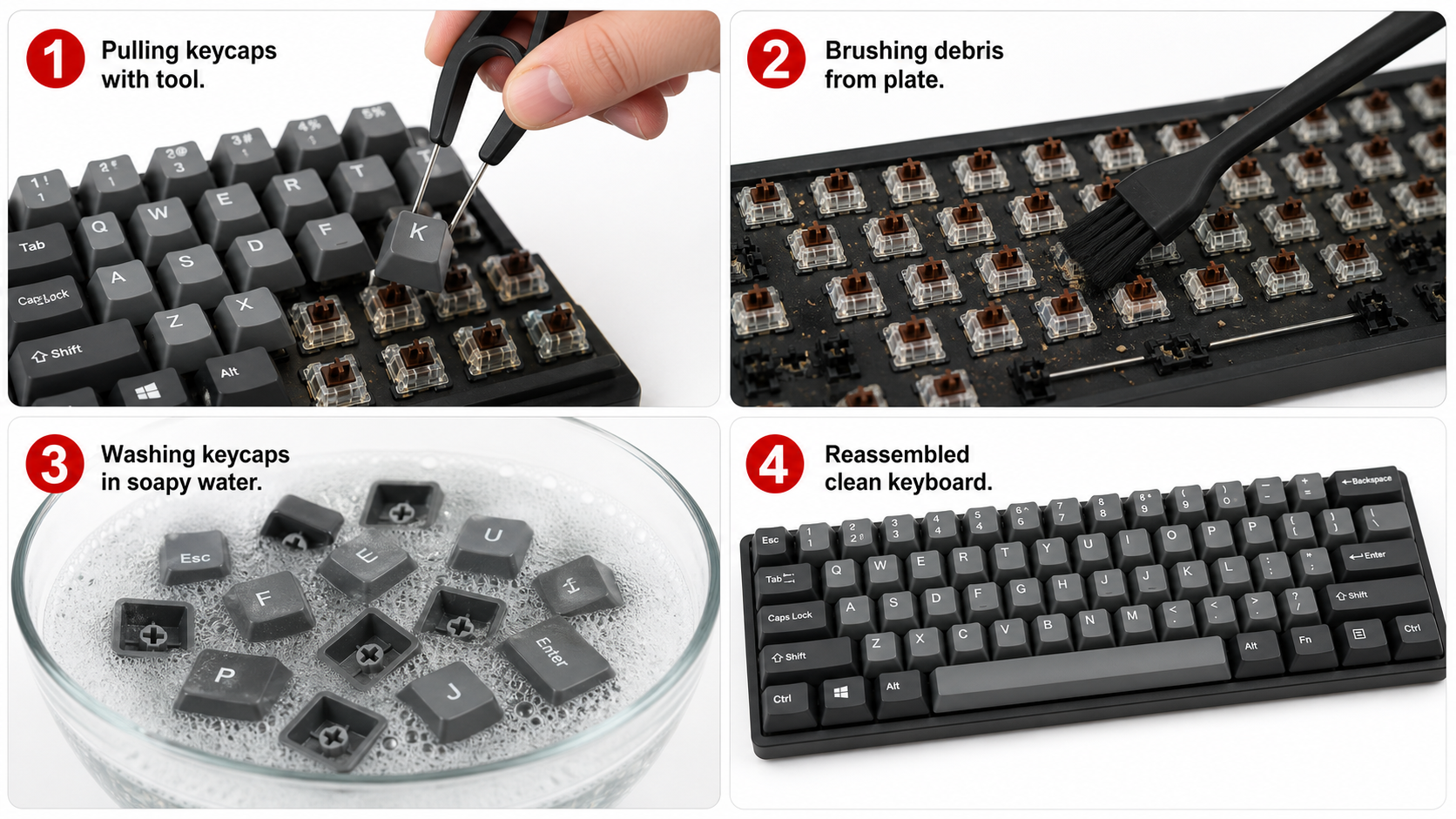 Step-by-step visual guide showing the keyboard cleaning process from keycap removal to reassembly