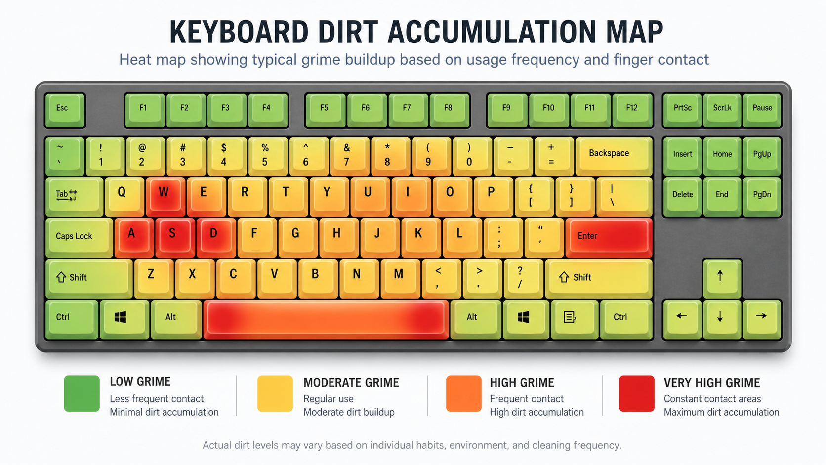 Top-down view of keyboard highlighting common areas where dirt, crumbs, and oil accumulate most