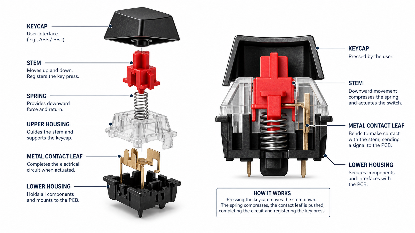 Exploded view and cross-section of a mechanical keyboard switch showing keycap, stem, spring, upper housing, metal contact leaf, and lower housing