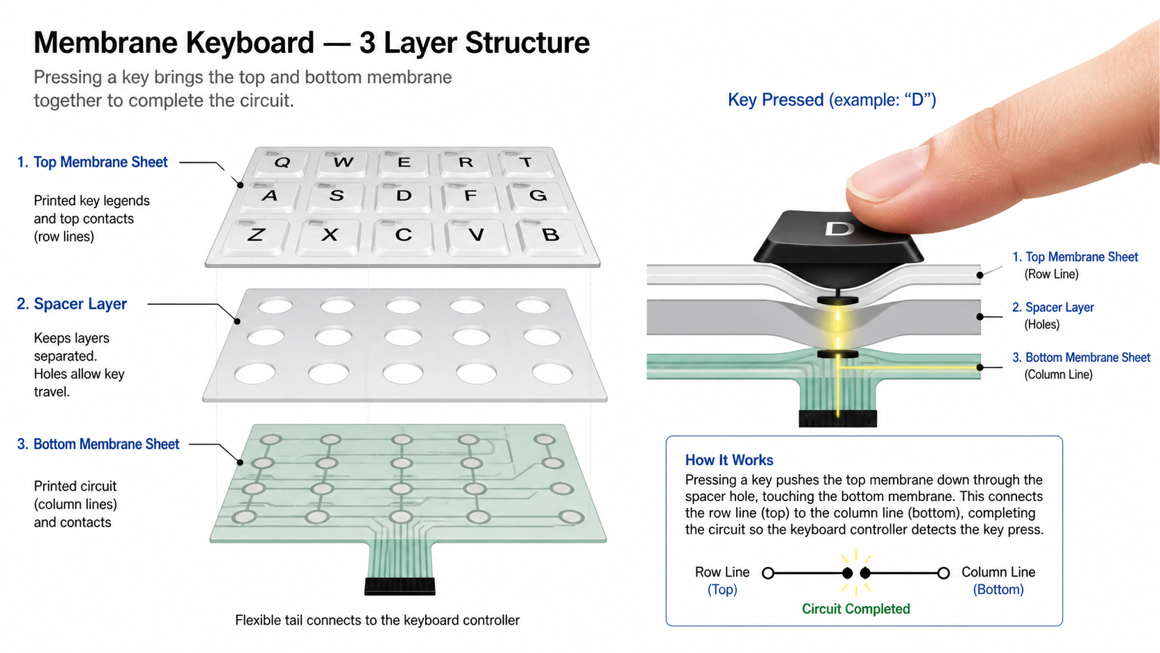 Membrane keyboard 3-layer structure diagram showing top membrane sheet, spacer layer with holes, and bottom membrane sheet with printed circuits