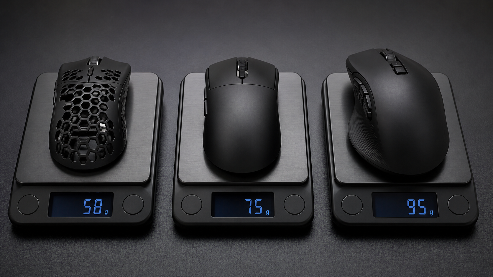 Three gaming mice on a minimalist digital scale showing different weights — an ultralight honeycomb mouse at 58g, a standard mouse at 75g, and a large ergonomic mouse at 95g