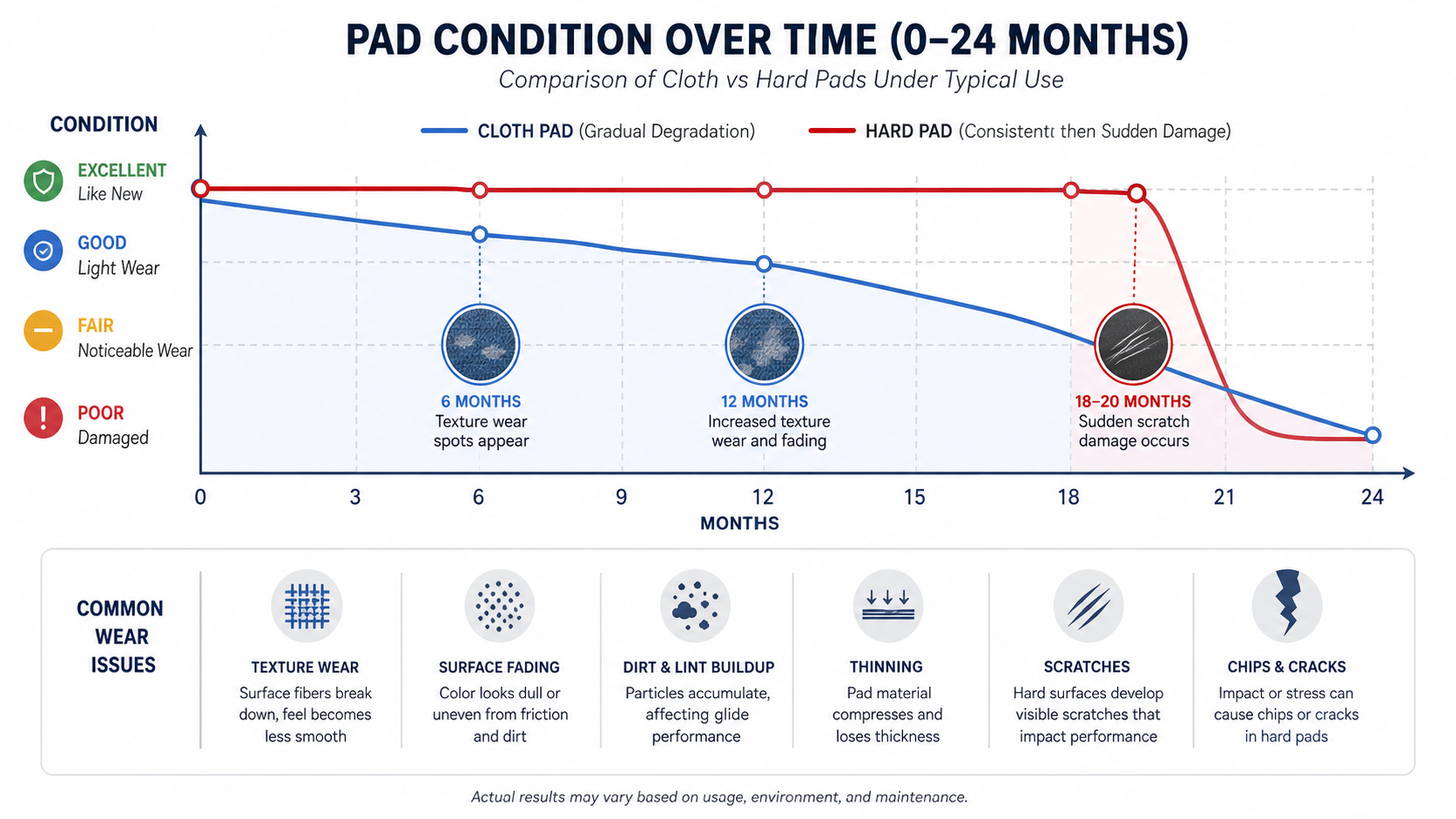 Timeline showing wear and degradation patterns of cloth pads versus hard pads over months of use