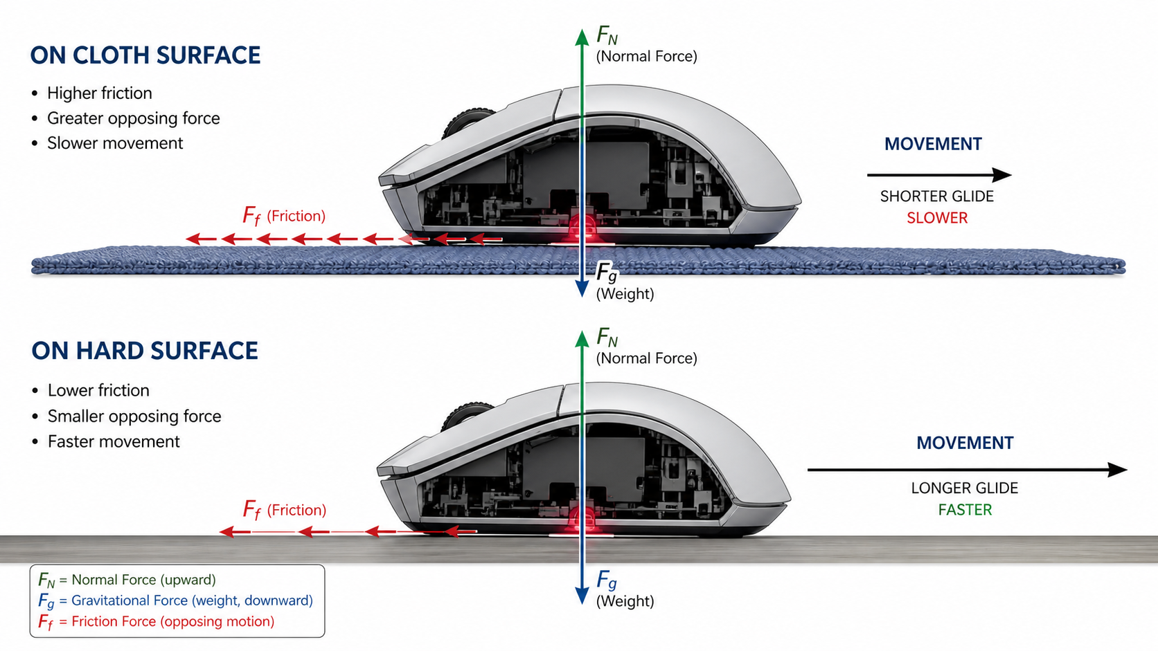 Diagram showing mouse glide characteristics on cloth (more friction, more control) versus hard pad (less friction, faster glide)