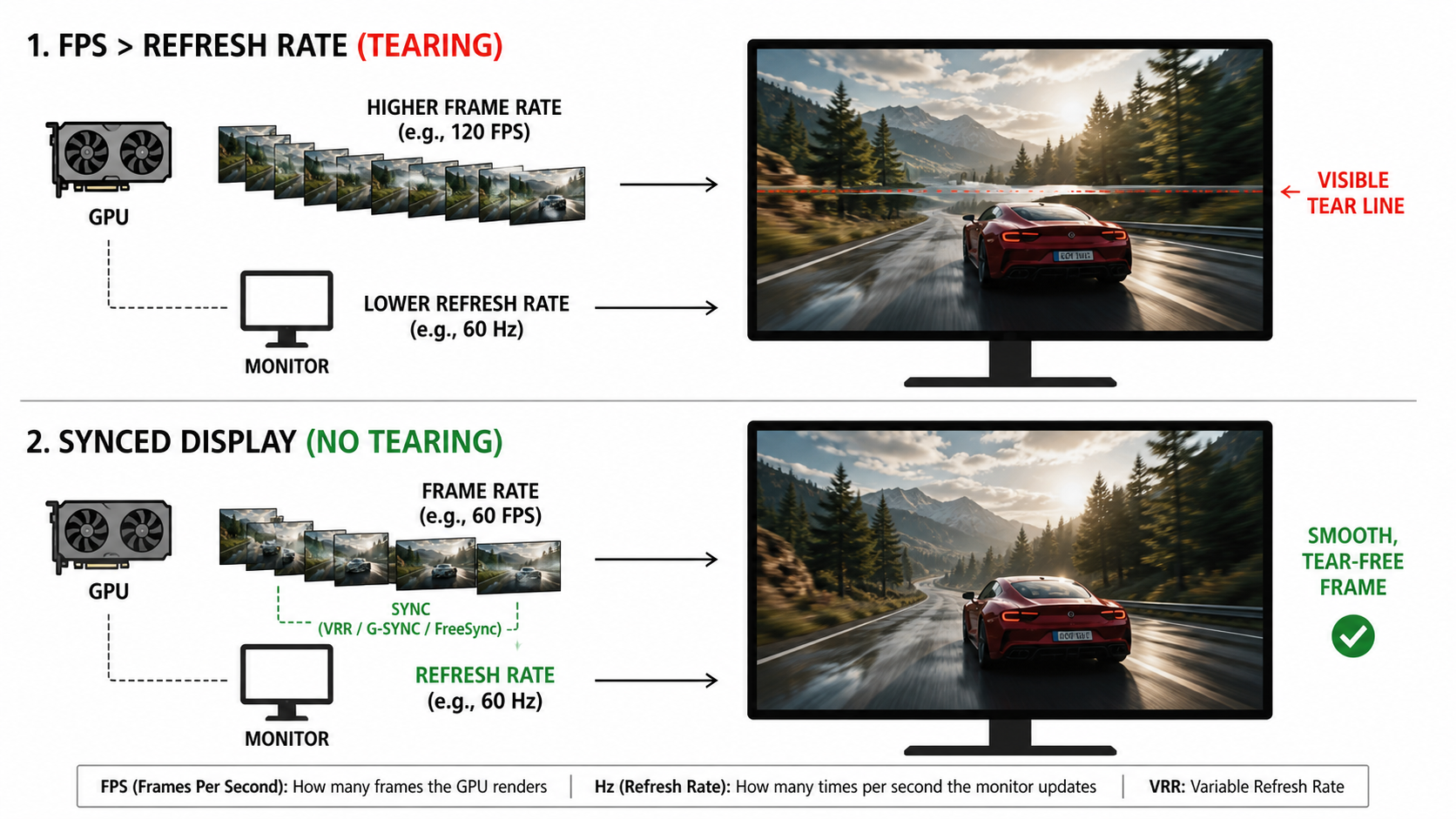 Diagram showing screen tearing when FPS exceeds refresh rate, and smooth display when FPS matches or V-Sync is enabled