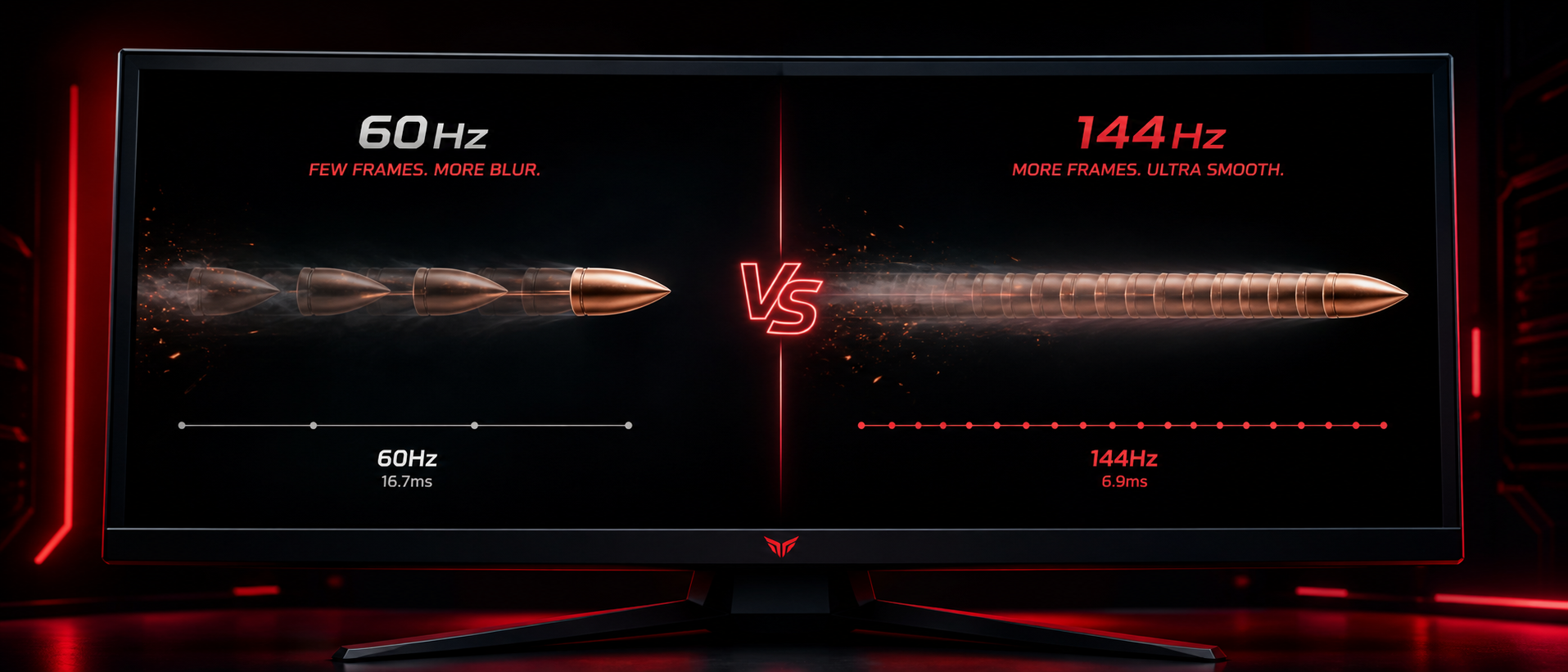 Multiple overlapping frames of a moving object on a gaming monitor showing how higher refresh rates display more frames per second for smoother motion