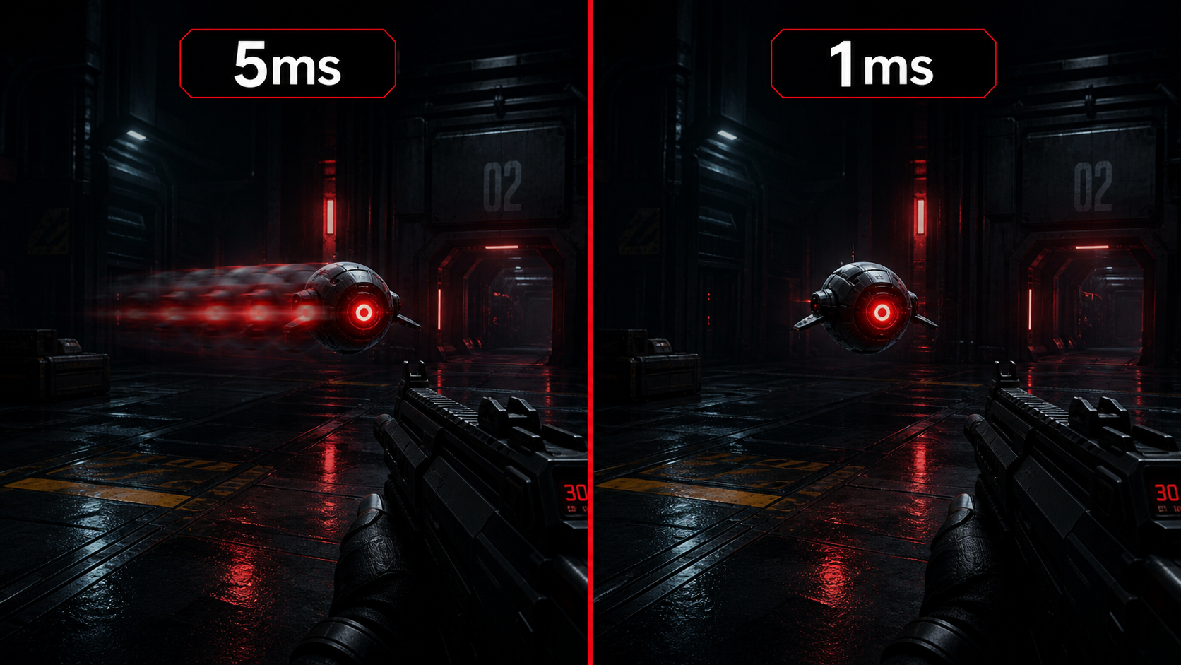 Side-by-side comparison of a monitor with 5ms response time showing ghosting versus 1ms response time with clean motion