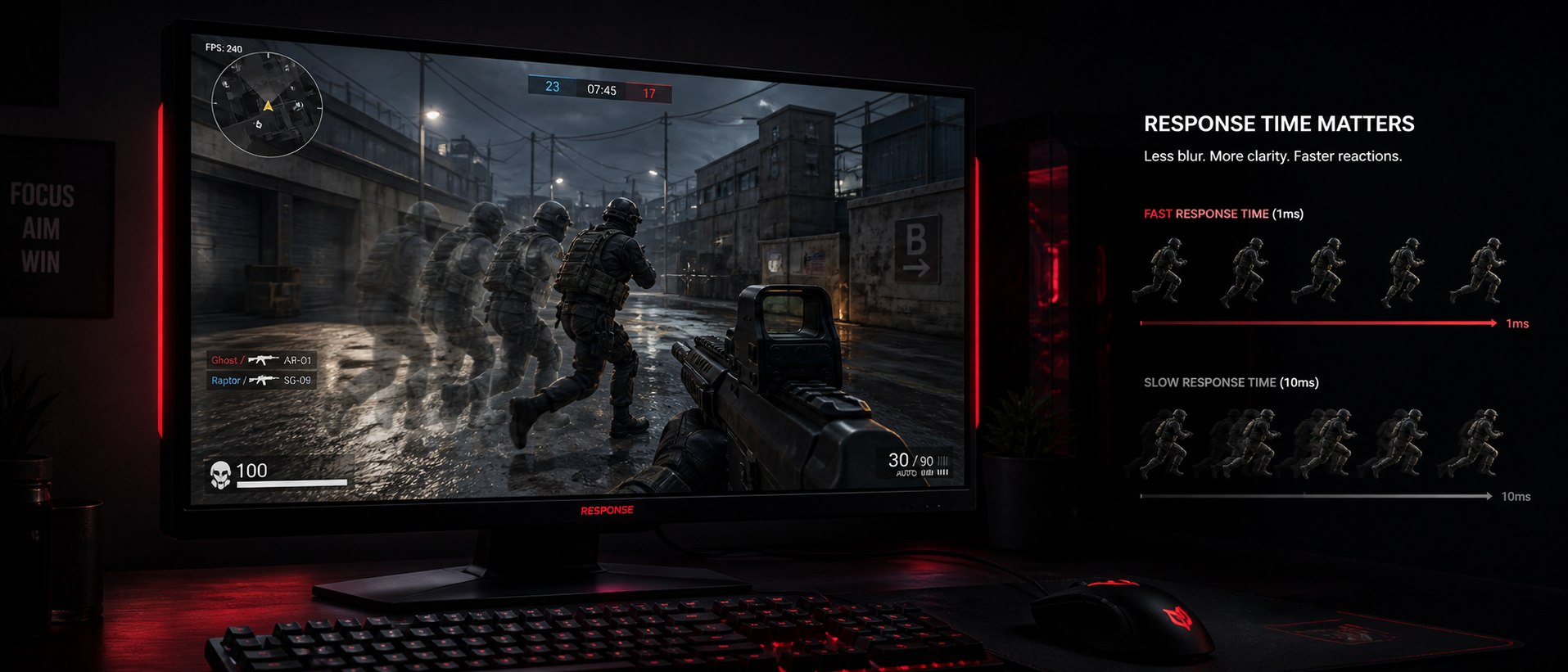 Gaming monitor displaying a fast-moving scene with a ghosting trail visible behind a moving object, illustrating pixel response time lag