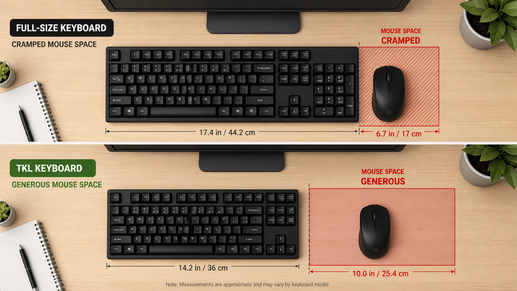 Top-down desk layout comparison showing mouse movement area with TKL versus full-size keyboard, highlighting ergonomic benefits