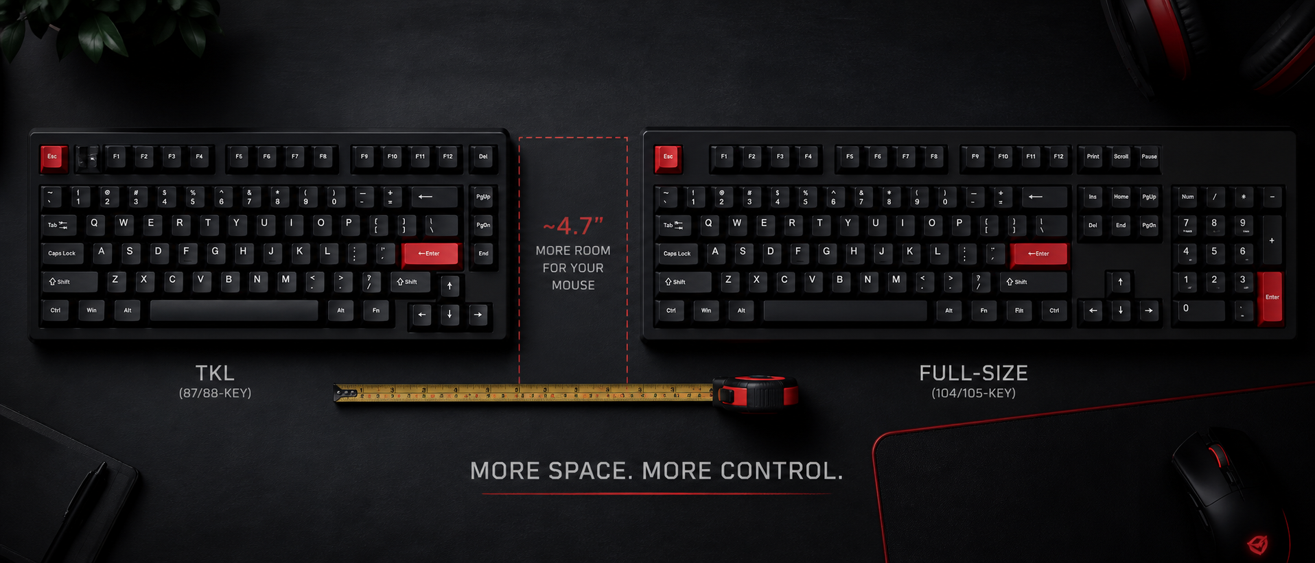 TKL mechanical keyboard and full-size keyboard side by side on a desk showing the size difference and extra desk space gained