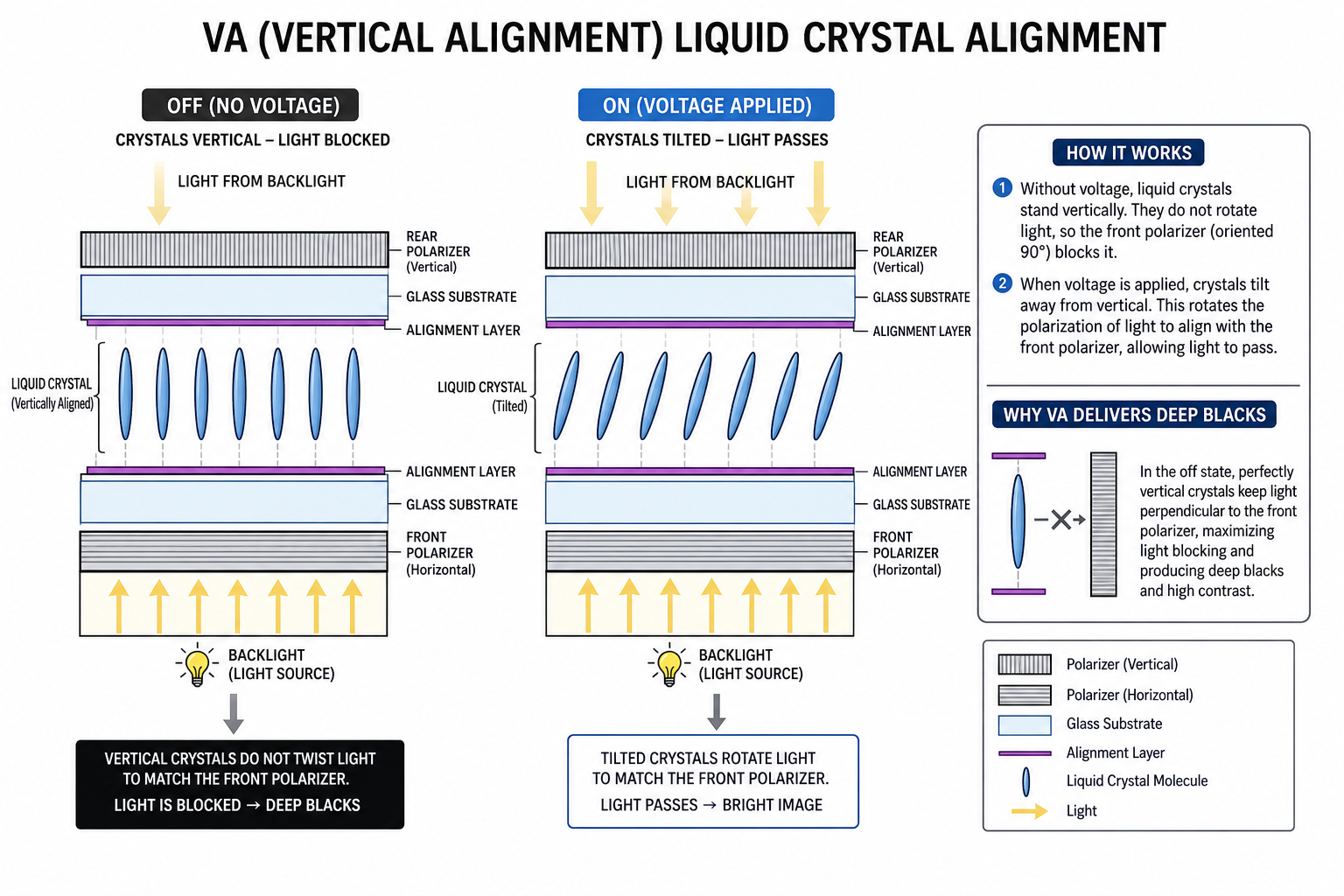 Diagram showing VA liquid crystal alignment — crystals stand vertically to block backlight completely when off, tilt to allow light when voltage is applied
