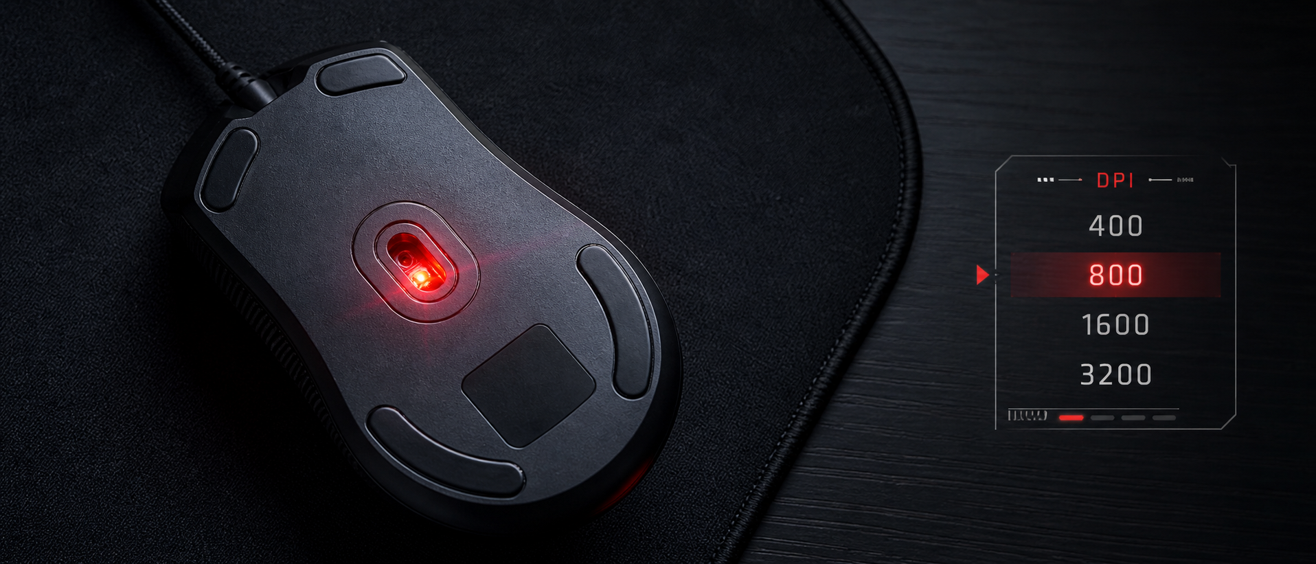 Close-up of a gaming mouse sensor glowing red on a dark mousepad, with a DPI indicator overlay showing 400, 800, 1600, and 3200 settings