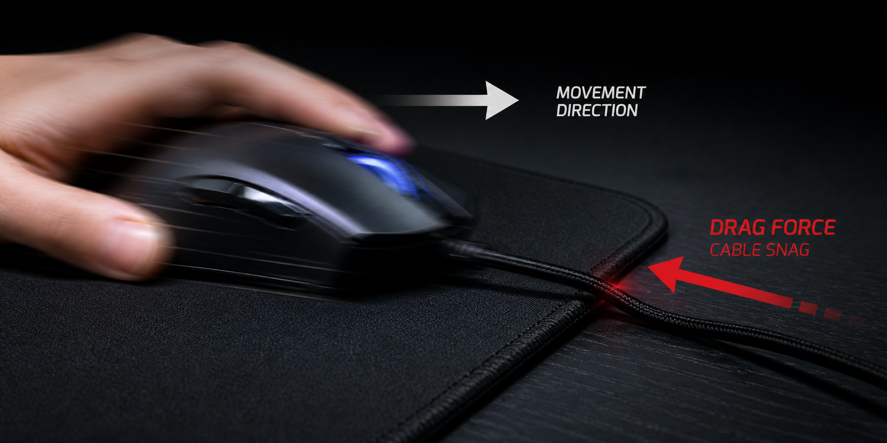 Close-up of a wired gaming mouse mid-flick showing the cable catching on the edge of a desk mat, with an arrow overlay illustrating the drag force vector pulling against the mouse movement direction