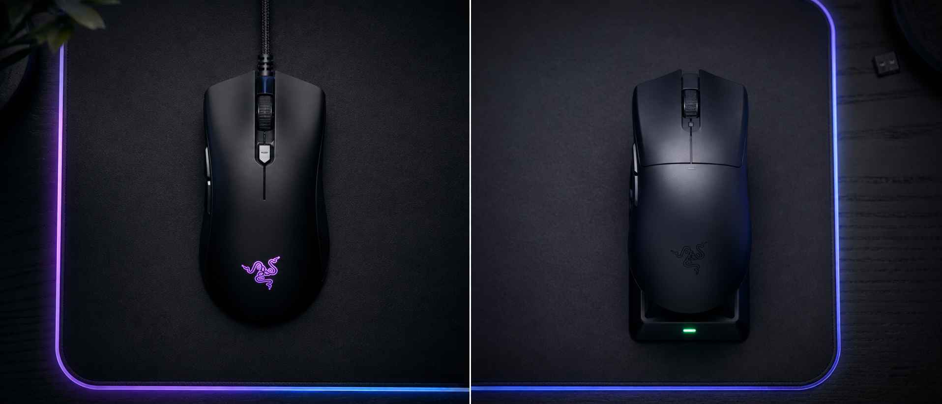 Split-view comparison of a wired gaming mouse with a paracord cable on the left and a wireless gaming mouse on a charging dock on the right, both on a dark desk mat with subtle RGB underglow