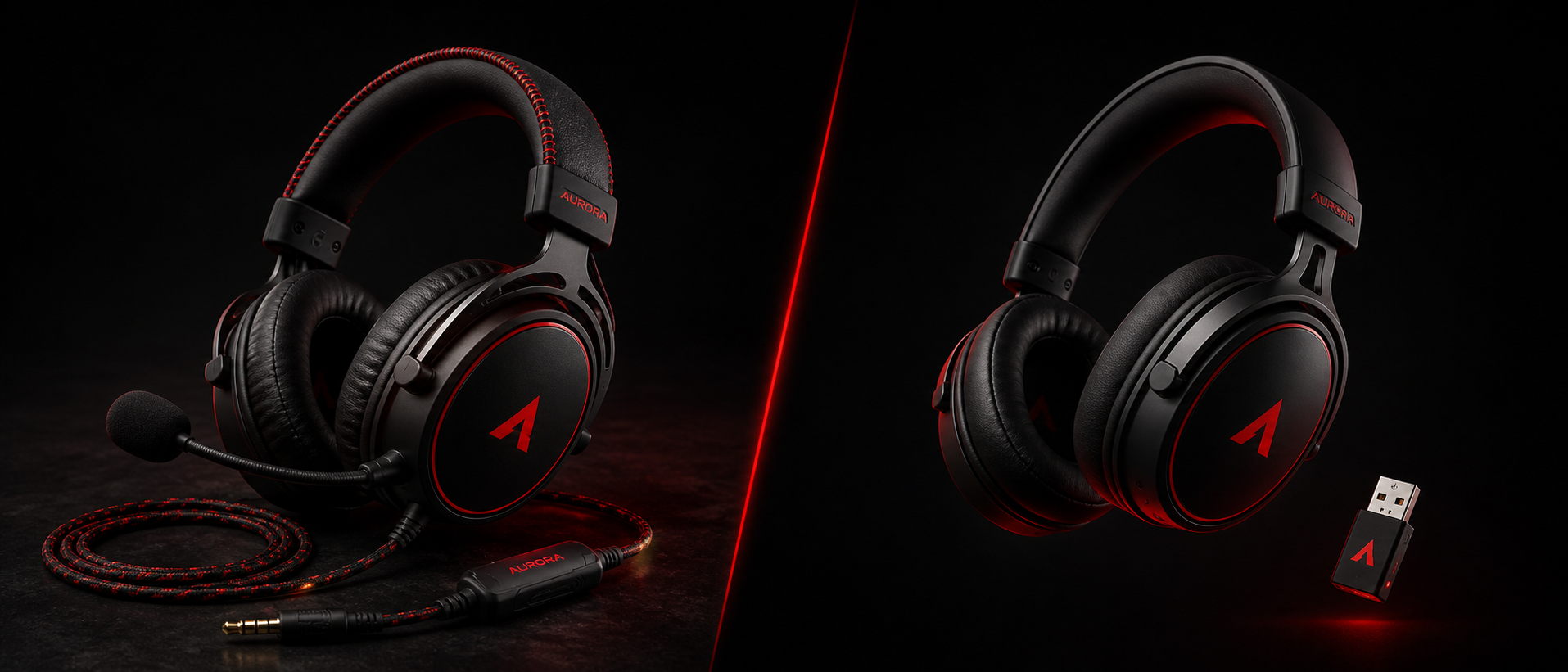 Wired gaming headset with visible cable on the left and wireless gaming headset with USB dongle on the right, split composition