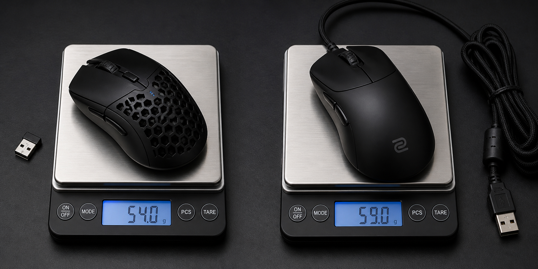 Side-by-side photo of a precision scale weighing a wireless gaming mouse at 54g on the left and a wired gaming mouse at 59g on the right, with their cables and dongles visible next to each