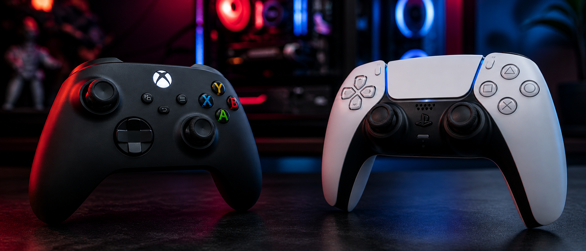 Xbox Wireless Controller and PS5 DualSense controller facing each other on a dark surface with PC gaming setup in background